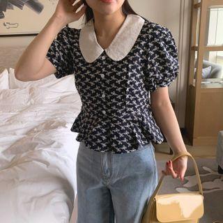 Puff-sleeve Print Contrast Collar Peplum Blouse Navy Blue - One Size