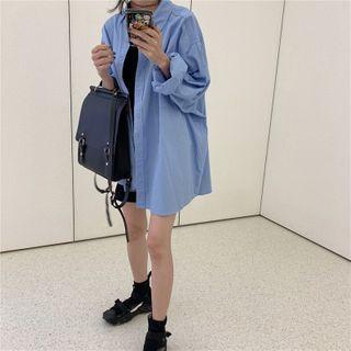 Plain Long-sleeve Shirt / Spaghetti Strap Mini A-line Dress