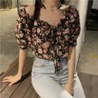 Short-sleeve V-neck Floral Print Slim-fit Top As Figure - One Size