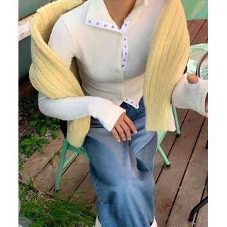 Snap-button Rib-knit Top Ivory - One Size