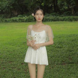 Short-sleeve Sequined Lace Up Swimdress