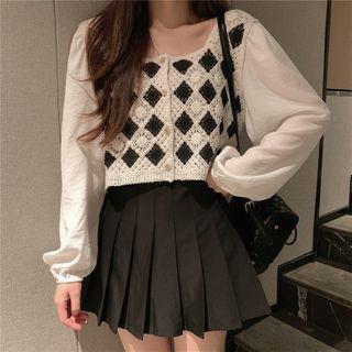 Long-sleeve Knit Panel Crop Top / Pleated Mini A-line Skirt
