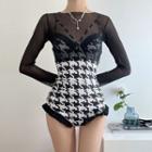 Set: Spaghetti-strap Houndstooth Swimsuit + Cover-up