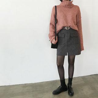 Flap-pocket Houndstooth Mini Skirt With Belt