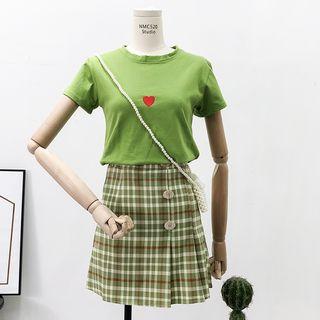 Set: Heart-print T-shirt + Plaid Mini Skirt