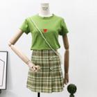 Set: Heart-print T-shirt + Plaid Mini Skirt
