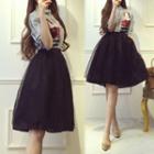 Set: Long Sleeve Print Striped Shirt + Mesh A-line Skirt