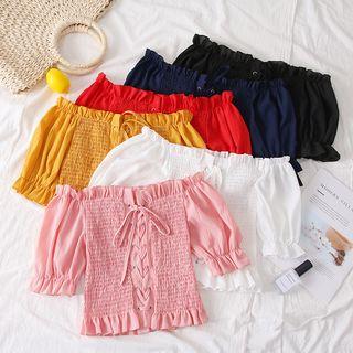 Boatneck Lace-up Smocked Blouse
