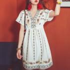 Short-sleeve Paisley Embroidered A-line Dress