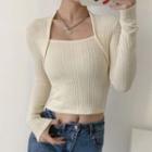Long-sleeve Square-neck Plain Knit Cropped Top