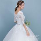 Lace Panel Elbow-sleeve Wedding Ball Gown