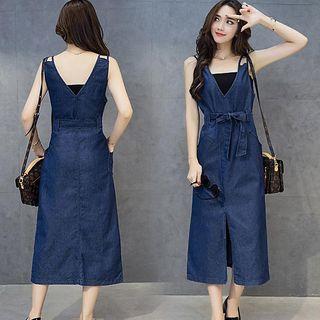 Tie-waist A-line Midi Dungaree Dress