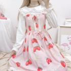 Ruffled Strawberry Print Bell-sleeve A-line Dress