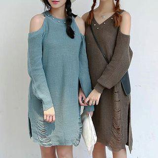 Cut Out Shoulder Ripped Sweater Dress