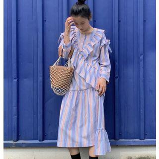 Flounced Asymmetric Striped Long-sleeve Dress As Shown In Figure - One Size