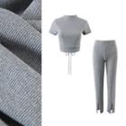 Set: Short-sleeve Open-back Knit Top + Straight Leg Pants