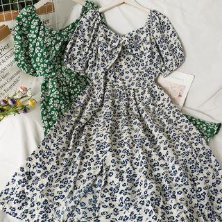 Boatneck Ribbon-front Floral Midi Dress