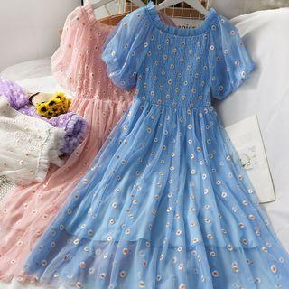 Boatneck Daisy-embroidered Mesh Midi Dress In 5 Colors