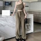 One-shoulder Crop Tank Top / High Waist Wide Leg Pants