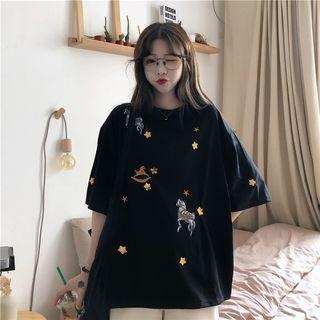Horse Embroidered Elbow-sleeve T-shirt