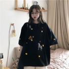 Horse Embroidered Elbow-sleeve T-shirt