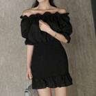 Off Shoulder Short-sleeve Sheath Dress Black - One Size