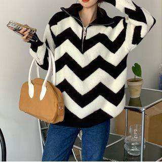 Curve-striped Half-zip Sweater Black - One Size