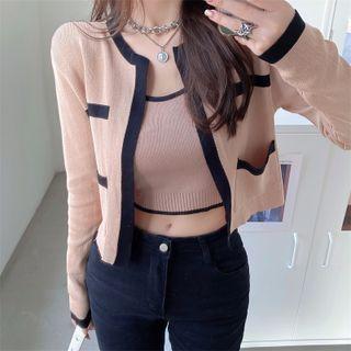 Contrast Trim Cropped Tank Top / Contrast Trim Long-sleeve Cardigan