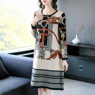 Elbow-sleeve Jacquard Knit Dress