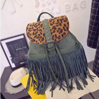Fringed Leopard Print Panel Backpack
