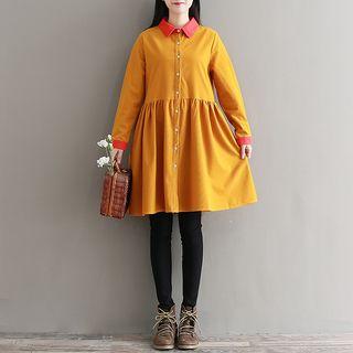 Long-sleeve Color Block A-line Shirtdress