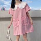 Short-sleeve Wide Collar Frill Trim Mini Shift Dress Pink - One Size