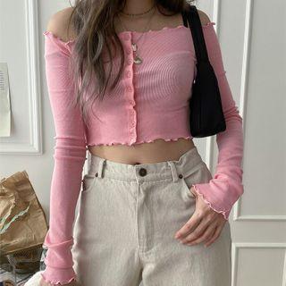 Front Button Frilled Trim Off-shoulder Top