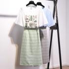 Set: Printed Short-sleeve T-shirt + Plaid A-line Midi Skirt T-shirt - White - One Size / Skirt - Green - One Size