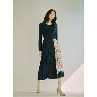 Printed Panel Pleated Knit Dress Navy Blue - One Size