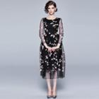 3/4-sleeve Embroidered Midi A-line Mesh Party Dress