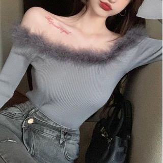 Long-sleeve Off-shoulder Fluffy Trim Knit Top