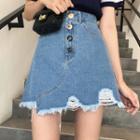 Knit Short-sleeve Polo Shirt / A-line Denim Skirt