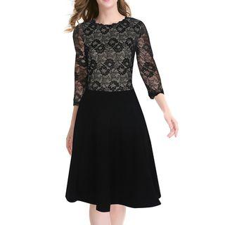 Lace Panel 3/4-sleeve A-line Midi Dress