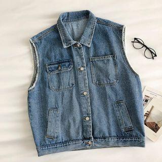 Frayed Single-breasted Sleeveless Denim Jacket Blue - One Size