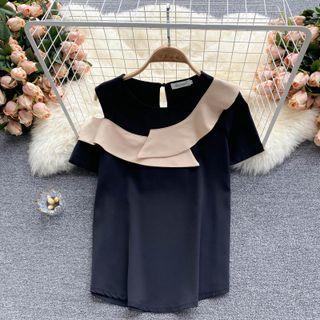 Off-shoulder Color Block Panel Ruffle Short-sleeve Chiffon Top