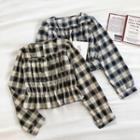 Color-block Plaid Square-neck Long-sleeve Top