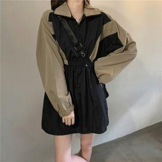Zip Color Panel Long-sleeve Dress Black & Green - One Size