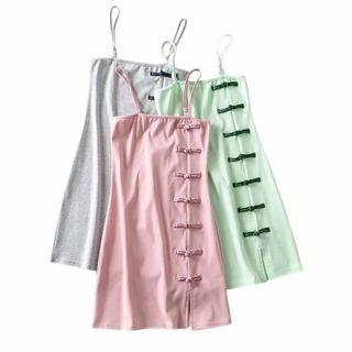 Spaghetti Strap Frog Button Slit Mini Bodycon Dress