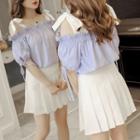 Set: Off-shoulder Striped Short-sleeve Top + High Waist Pleated Skirt