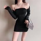 Square Neck Long-sleeve Sheath Knit Dress Black - One Size