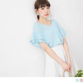 Flutter Sleeve Lace-up Back V-neck Chiffon Top