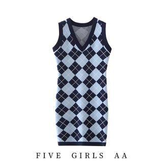 Sleeveless Argyle Knit Mini Bodycon Dress Navy Blue & Light Blue - One Size