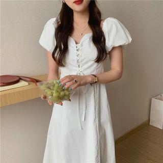 Puff-sleeve Plain Lace Up A-line Dress