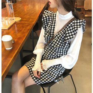 Plain Turtle-neck Long-sleeve Blouse / Plaid V-neck Sleeveless Dress